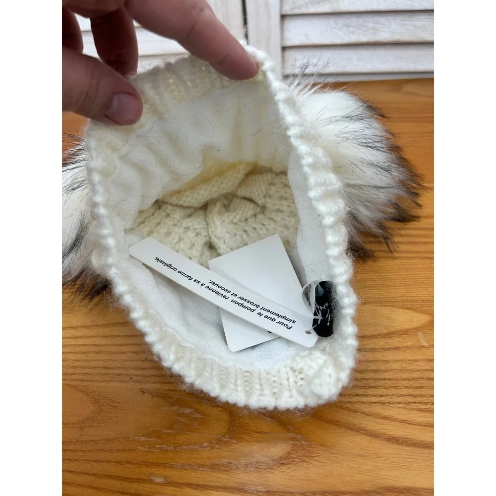 KYI KYI Beanie Hat Toddler Girls Ivory White Knit Winter Faux Fur Pom Pom